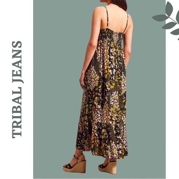 Tribal Jeans Floral Print Maxi Dress Back Elastic Smocking Black Yellow Size XS - Picture 3 of 14